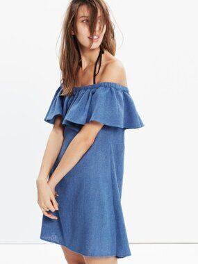 Madewell Blue Rio Denim Blend Off-the-Shoulder Mini Dress Size XS 38530